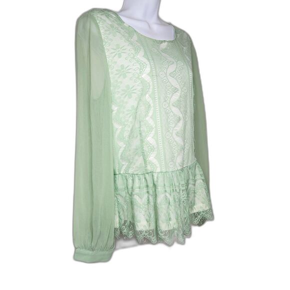 Sweet Rain Floral Lace Peplum Blouse Sheer Long Sleeves Soft Green Sz. L Fairy - Picture 3 of 9